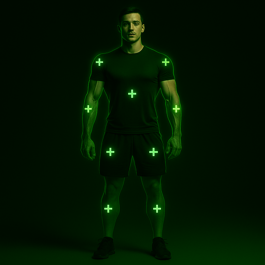 Full body image of athlete with green recovery points across joints and muscles, illustrating Titan massage gun’s benefit of speeding up recovery between max effort sessions.