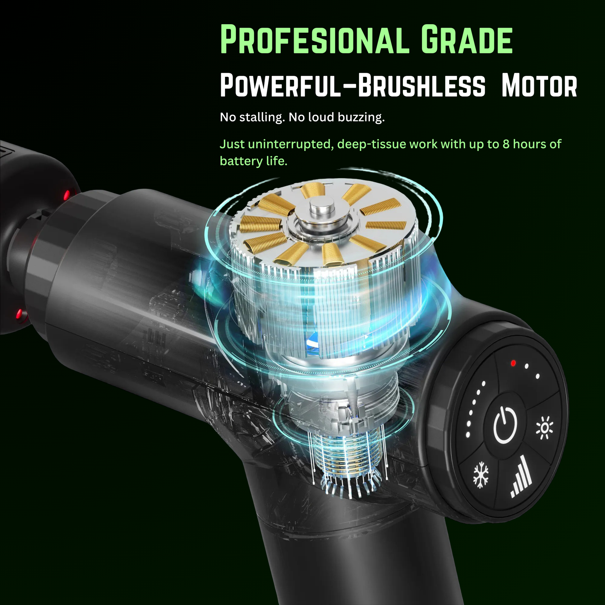 Detailed image of GRAL Titan's brushless motor for deep-tissue recovery and silent performance