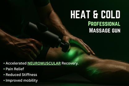 Athlete using GRAL Titan massage gun on thigh with benefits listed such as neuromuscular recovery, pain relief, improved mobility and reduced stiffness