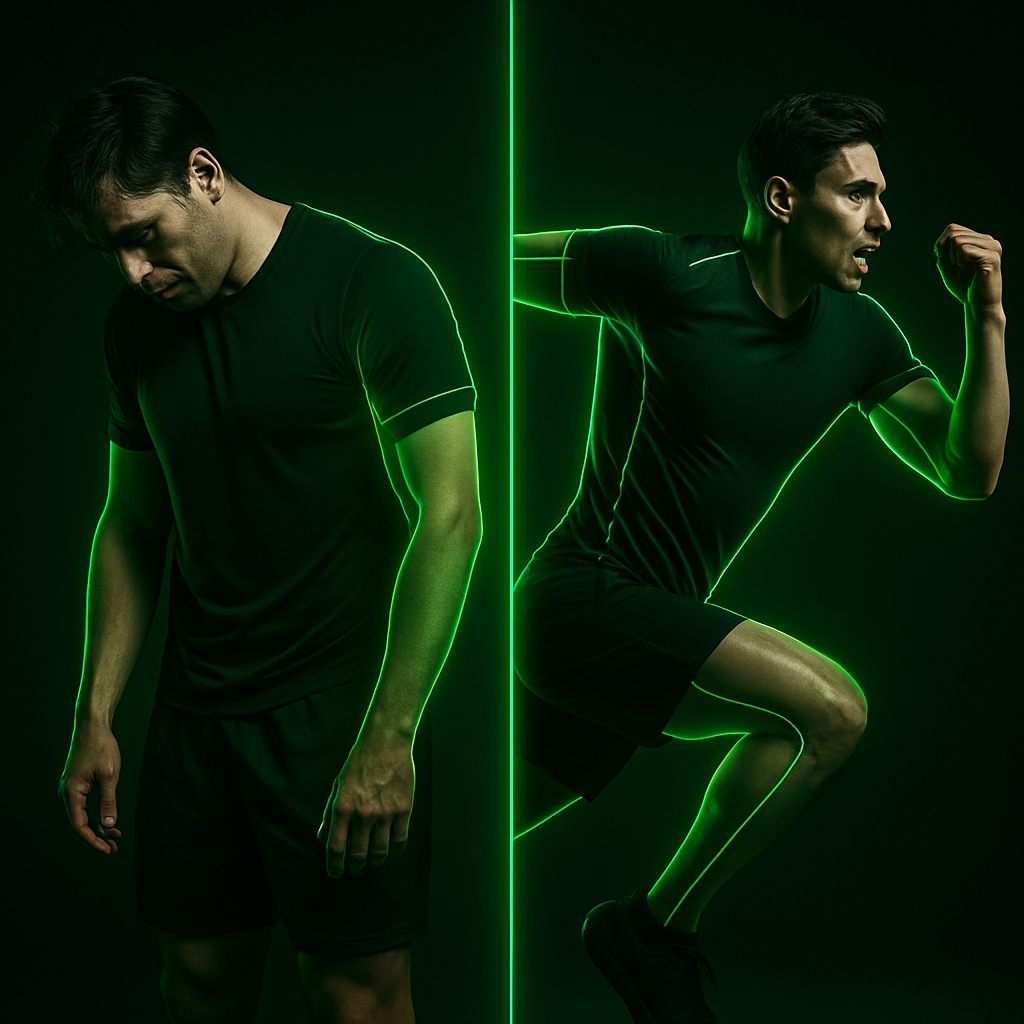 Two male athletes – one fatigued, one active and ready to sprint – illustrating Titan massage gun’s benefit of reducing DOMS, stiffness, and improving mobility after training.